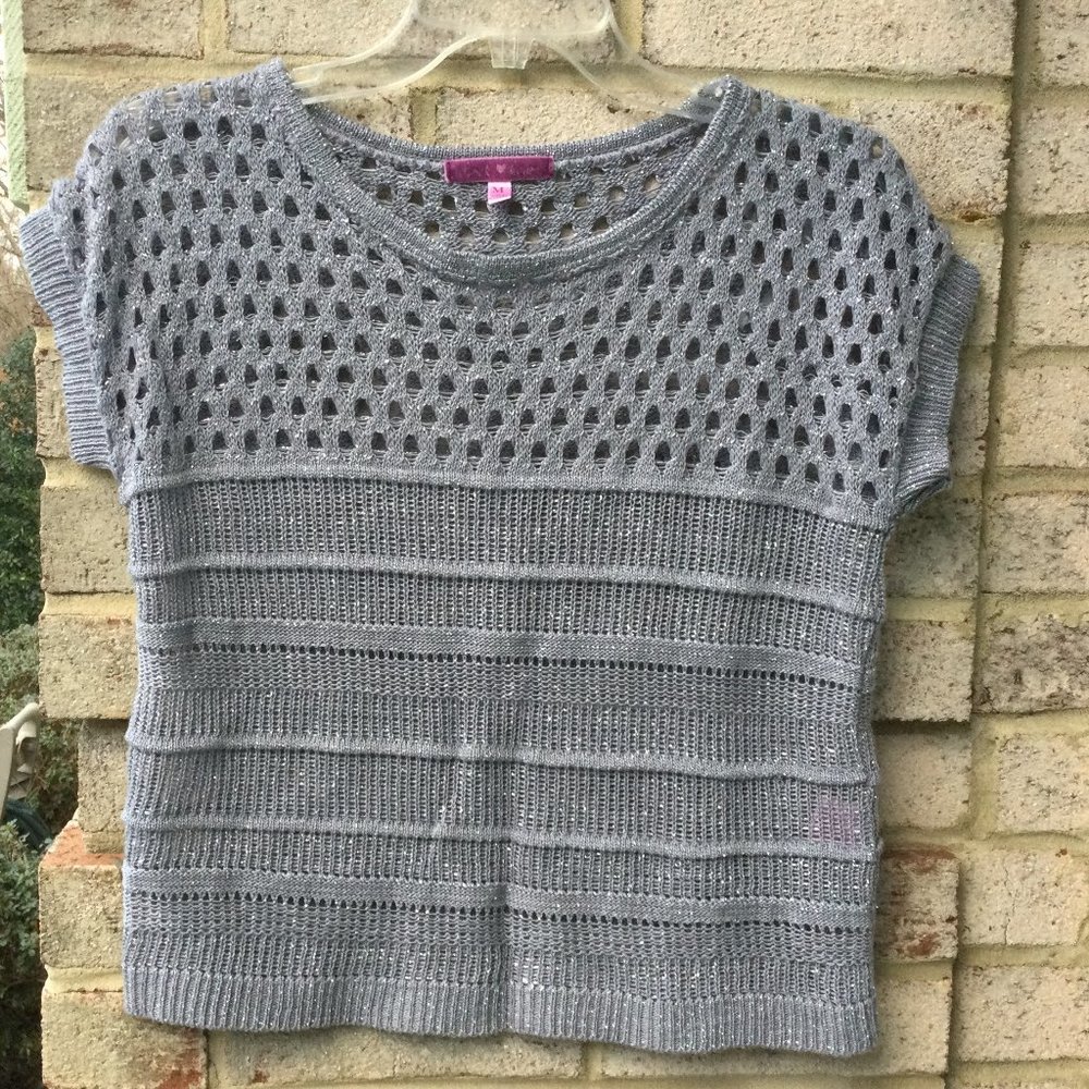 Derek Heart Metallic Silver Knit Top